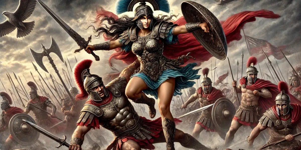 Bellona, the Roman Goddess of War, fighting alongside her brother Mars on a dramatic battlefield. Bellona wears a detailed plumed helmet and strong Roman armor, gripping a sharp sword as she charges into battle