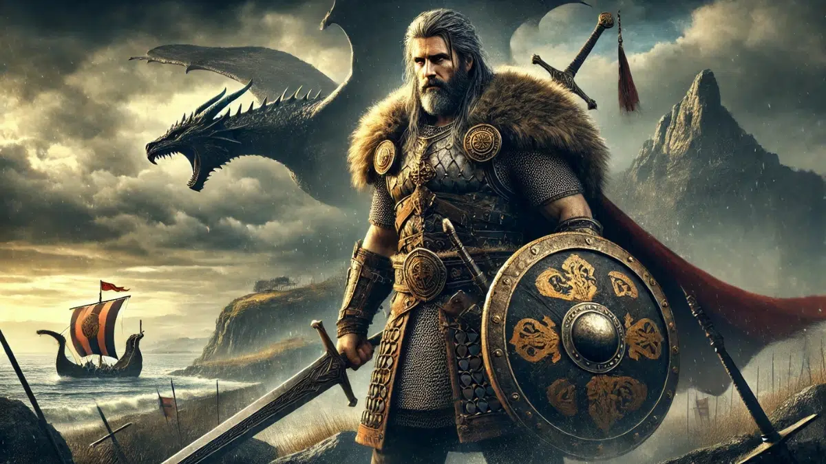 Beowulf stands tall in medieval armor, holding a massive sword and shield, exuding strength and determination. The background features a stormy sky and a rugged Scandinavian landscape, with a hint of a distant dragon's shadow to symbolize his epic battles