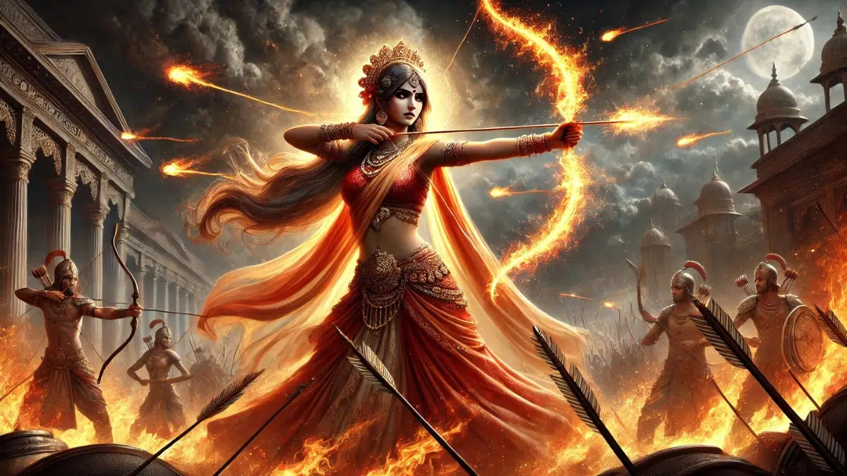 Draupadi, a legendary figure from Indian mythology, firing arrows of vengeance holding a bow and releasing a glowing arrow surrounded by fiery energy