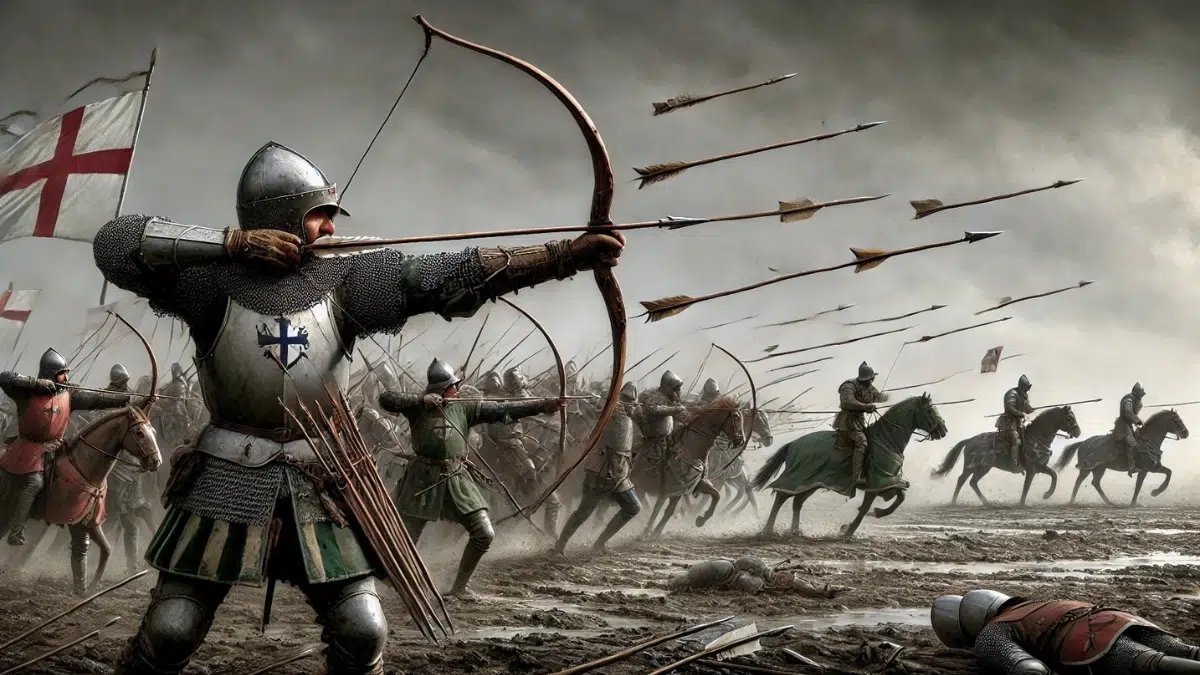 English longbowmen during the Battle of Agincourt (1415), firing bodkin-point arrows designed to pierce armour. The longbowmen stand in formation on a muddy battlefield, drawing their powerful bows with precision. The bodkin-point arrows, sleek and sharp, fly through the air toward heavily armoured knights in the distance. The background features a gloomy, overcast sky