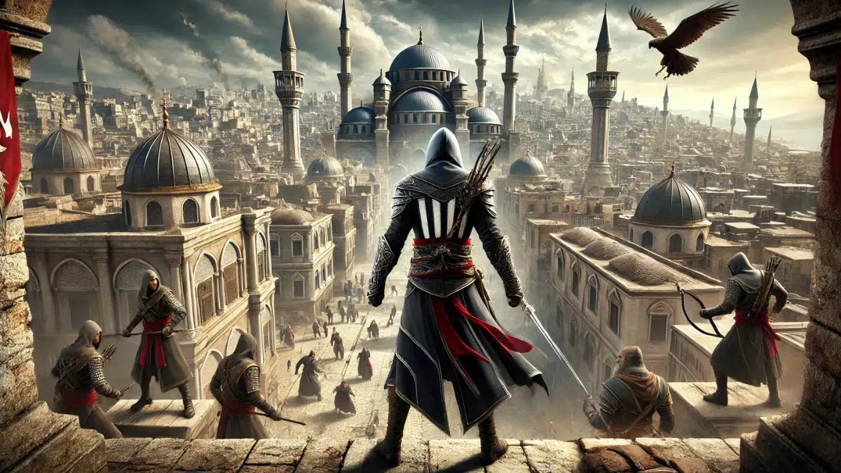 Ezio Auditore in Constantinople, facing powerful enemies like the Templars. Ezio is shown in his iconic Assassin's robes, ready for battle on a rooftop overlooking the grand cityscape of Constantinople. The background includes bustling streets, Ottoman-style architecture, and a dramatic sky