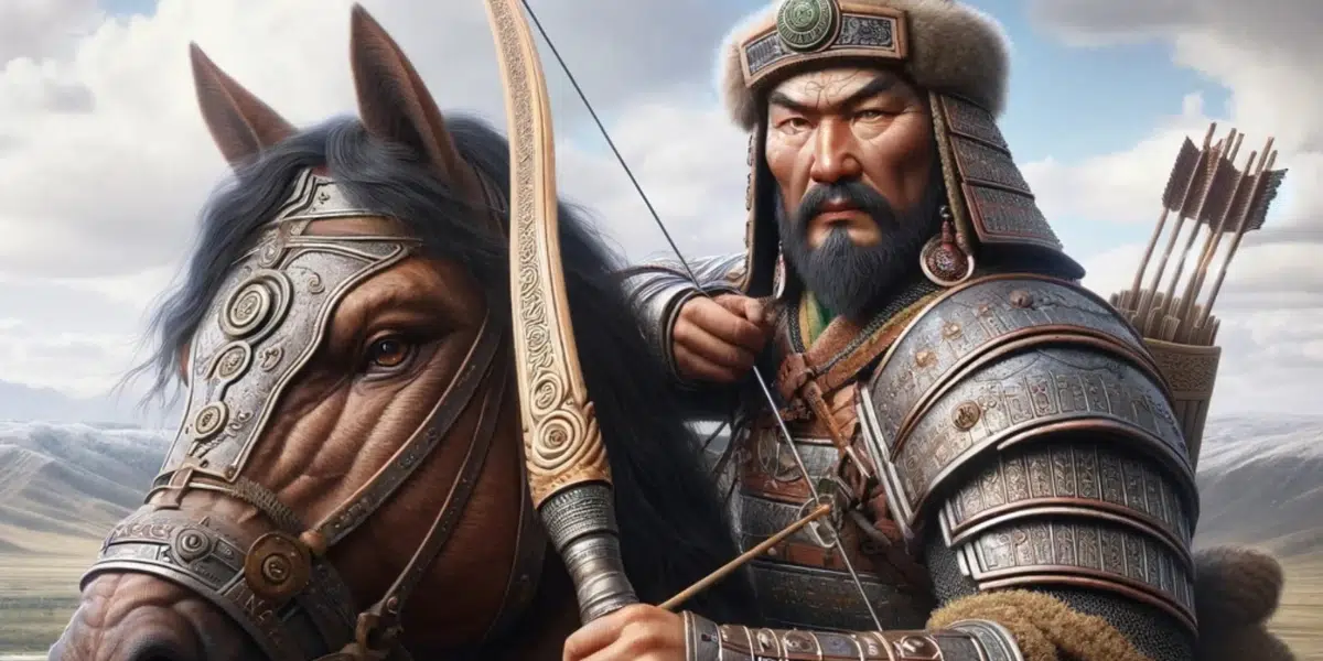 closeup of Genghis Khan dressed in warrior armour, on his horse holding a bow and arrow, background of the rolling hills of the Mongolian Steppes