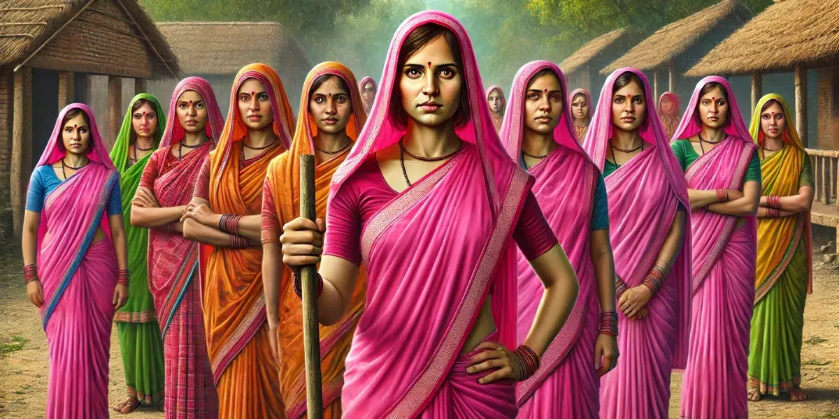 a group of Indian women wearing bright pink saris, standing together confidently in a rural village setting. Each woman holds a stick, symbolizing their fight against violence, corruption, and discrimination