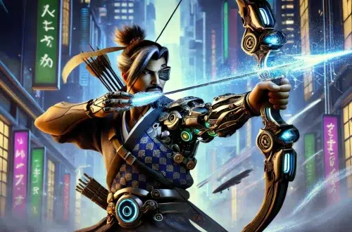 Hanzo Shimada from Overwatch wielding his high-tech yumi-style bow. Hanzo is shown in a dynamic battle stance, wearing his iconic armour with traditional Japanese influences and advanced technological enhancements. His high-tech bow is sleek and glowing, featuring intricate futuristic designs that blend modern innovation with the traditional yumi shape
