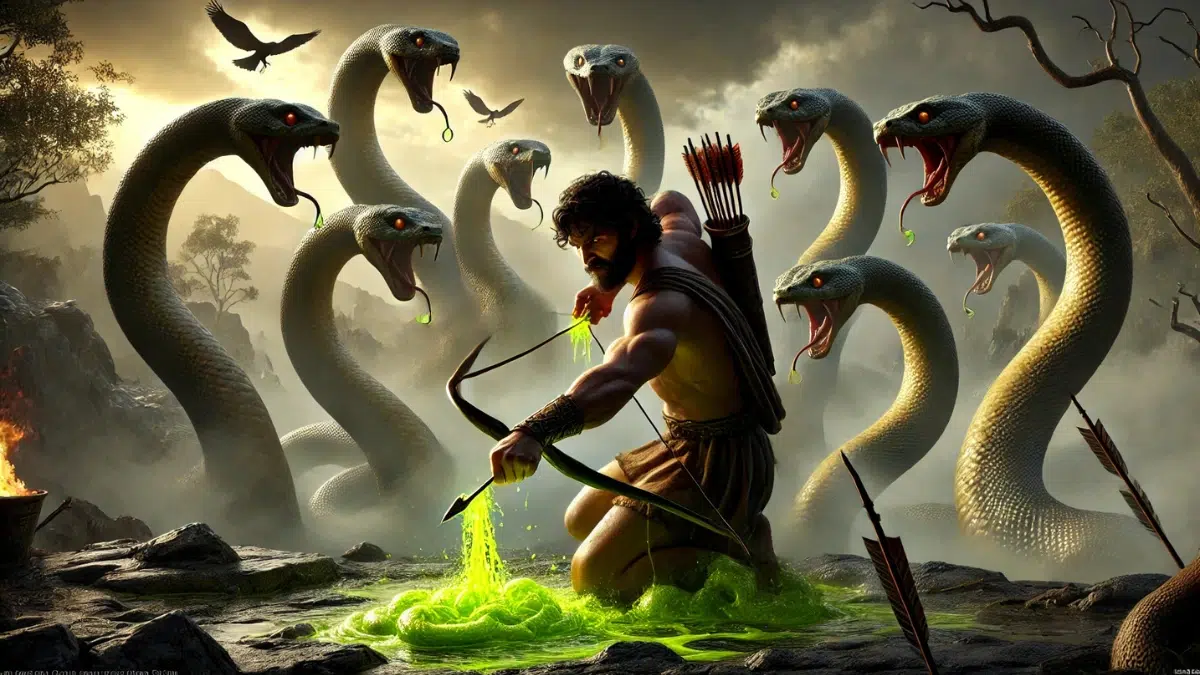 Heracles dipping his arrows into the venom of the Lernaean Hydra. The scene shows Heracles, a strong and heroic figure, holding an arrow and a bow, while the Hydra’s multiple snake-like heads loom menacingly in the background