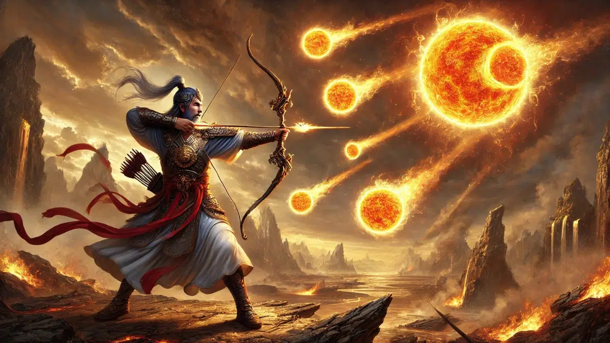 Houyi, the legendary Chinese archer, shooting divine arrows to save the Earth. Houyi stands on a rocky landscape under a blazing sky, aiming his bow at one of the nine fiery suns