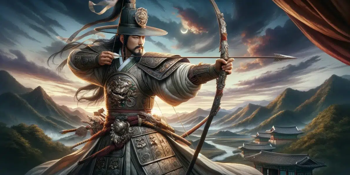 Jumong, a legendary Korean hero, is a noble warrior in traditional Korean armor, which is intricately detailed and decorated with symbols of dragons and tigers. Jumong wields a bow, poised to shoot an arrow. The background features an ancient Korean landscape with rolling hills and a few traditional Korean houses, under a sky painted with the hues of twilight.
