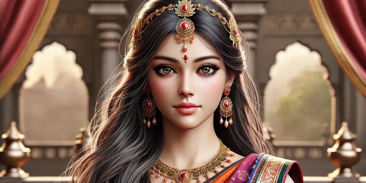 Kaikeyi, a beautiful and intelligent queen from Hindu mythology. She has a graceful and regal appearance, with long, flowing dark hair adorned with intricate jewelry. Her attire is a rich and colourful sari, showcasing her royal status. Her eyes reflect wisdom and kindness, and she exudes an aura of confidence and strength. The background shows a palace setting, with ornate pillars and luxurious decorations, emphasizing her noble status.