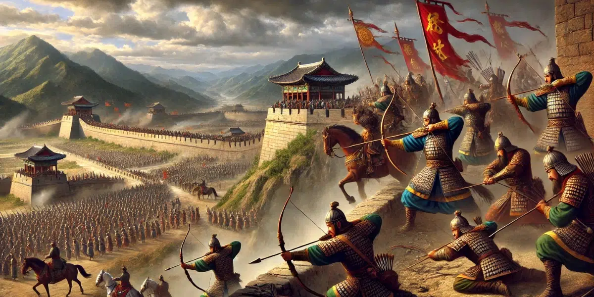 the Battle of Ansi Fortress (645 CE) during the Tang Dynasty's campaigns. Show Goguryeo archers expertly using their compact and powerful Gakgung bows from fortress walls, firing at a massive Tang army led by Emperor Taizong
