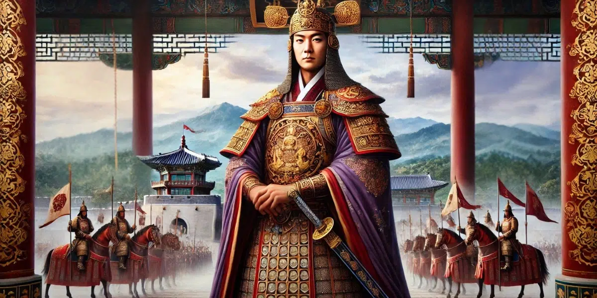King Gwanggaeto the Great of Goguryeo (374–413 CE), standing in traditional Korean royal armour with intricate designs. The king holds a sword in one hand and stands before a backdrop of a Goguryeo palace and mountains, symbolizing his vast empire