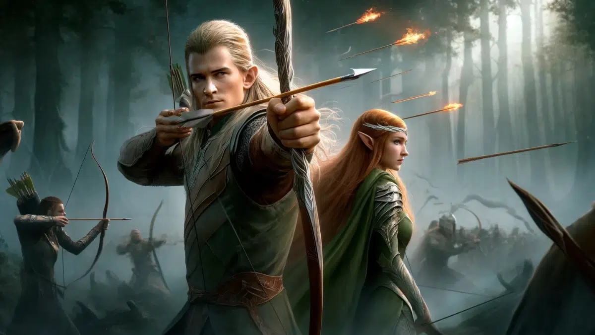 Legolas and Tauriel, skilled elven archers, demonstrating their incredible bow skills during a battle. The scene shows Legolas, with his signature blonde hair and elegant elven attire, firing arrows with precision, while Tauriel, in her green elven armor, stands nearby, drawing her bow with determined focus. They are in a dense forest with arrows flying and enemies approaching in the background