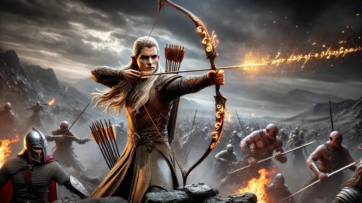 Legolas, the Elven archer from fantasy, firing arrows with precision and speed. Legolas stands on a rocky battlefield, surrounded by orcs and other dark forces, his bow drawn and an arrow ready to release