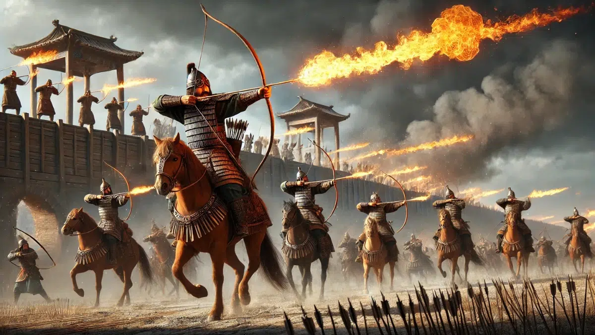 Mongol archers during a siege, firing flaming arrows to create chaos and destruction. The archers, dressed in traditional Mongol warrior attire, stand on horseback with bows drawn, their arrows ignited with blazing flames. The scene features a burning wooden fortification in the background, with fire and smoke rising into the sky