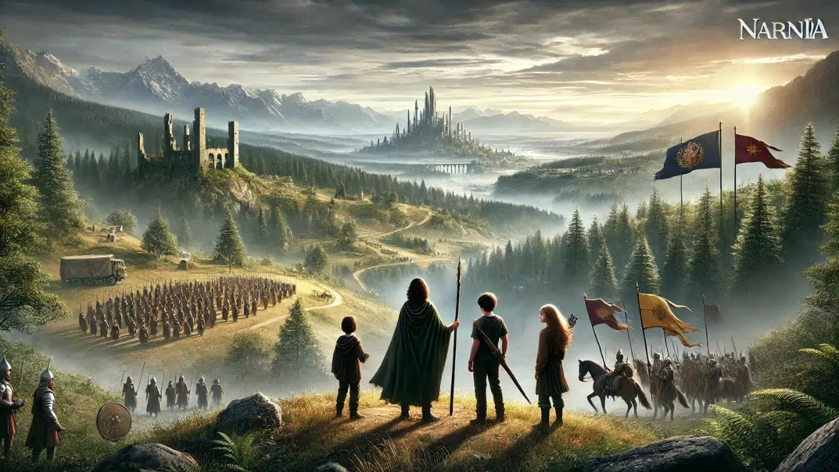 A dramatic and fantastical depiction of the four Pevensie siblings returning to Narnia, discovering that centuries have passed and the land is now under the oppressive rule of King Miraz. The siblings are shown standing on a hill overlooking a transformed Narnia, with ruins of their former castle, Cair Paravel, visible in the distance