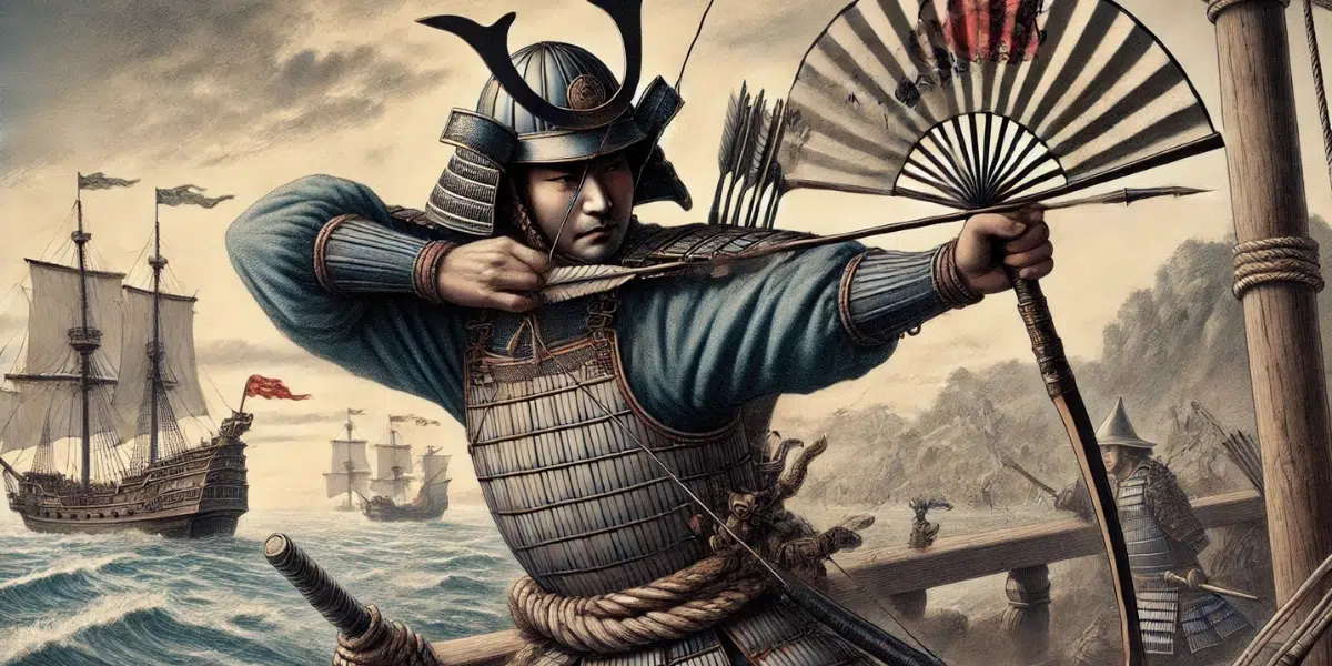 Nasu no Yoichi, a 12th-century samurai archer, drawing his yumi bow while aiming at a fan mounted on a ship’s mast. He wears traditional samurai armor from the Genpei War, with a kabuto helmet and an intense, focused expression
