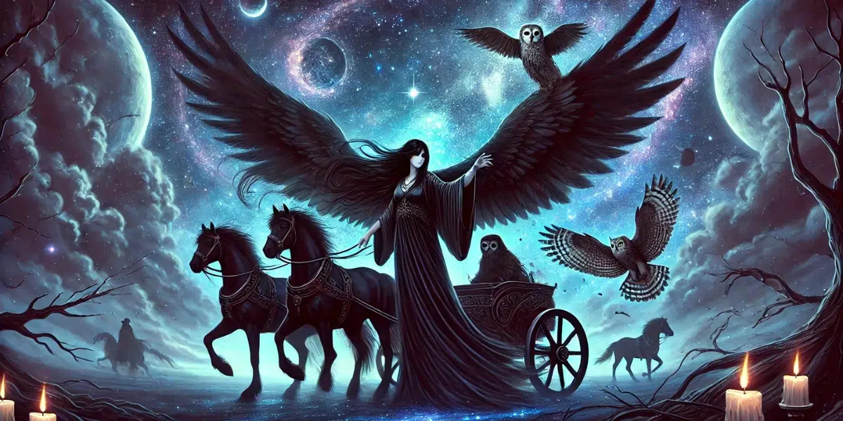 Nyx, the Greek Goddess of the Night, surrounded by her symbols. The night sky stretches behind her, filled with swirling stars and deep cosmic blues. Large black wings spread from her back, casting shadows over the land. She rides a dark chariot pulled by black horses, gliding across the sky