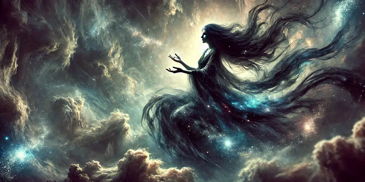 Nyx, one of the first gods in Greek mythology, emerging from Chaos, the endless void. She appears as a powerful and ethereal figure, draped in flowing cosmic robes that blend into the dark abyss. Her long black hair swirls like the night sky, filled with shimmering stars