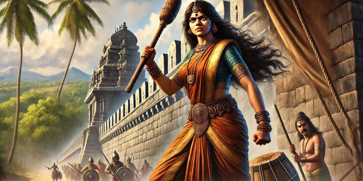the legendary heroine from Karnataka, standing at the entrance of a fort armed with her wooden pestle (onake). She wears traditional South Indian attire, including a sari draped in a warrior style, and displays fierce determination on her face