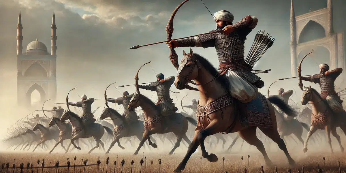 skilled archers from the Ottoman Empire using advanced bows. The scene shows mounted warriors with short, powerful bows, designed for speed and precision. The archers wear traditional Ottoman attire with intricate patterns, and they ride galloping horses across a wide-open field. The background includes a dramatic sky and a hint of Ottoman architecture in the distance