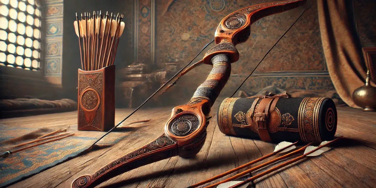 an Ottoman-style bow, showcasing its unique curved design and compact size. The bow is displayed prominently, crafted from wood, horn, and sinew, with intricate carvings and a polished finish. A quiver of arrows rests beside it, featuring detailed arrowheads and fletching. The background includes subtle hints of the Ottoman Empire, such as traditional patterns or architecture