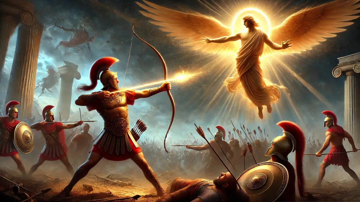 Paris firing an arrow during the Trojan War, guided by Apollo. Paris is shown drawing his bow, with Apollo standing behind him, radiating divine energy and guiding the shot