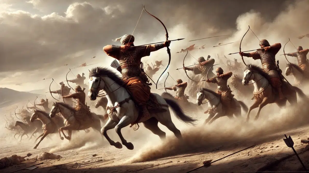Parthian archers performing the 'Parthian shot,' firing arrows while retreating on horseback. The archers are shown riding agile horses, turning their bodies skillfully to aim and release arrows with precision. The scene captures the desert terrain with dramatic dust clouds kicked up by galloping horses