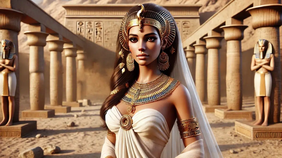 Queen Nefertari is shown wearing an elegant flowing white dress adorned with golden accents and intricate jewellery, including a wide gold necklace