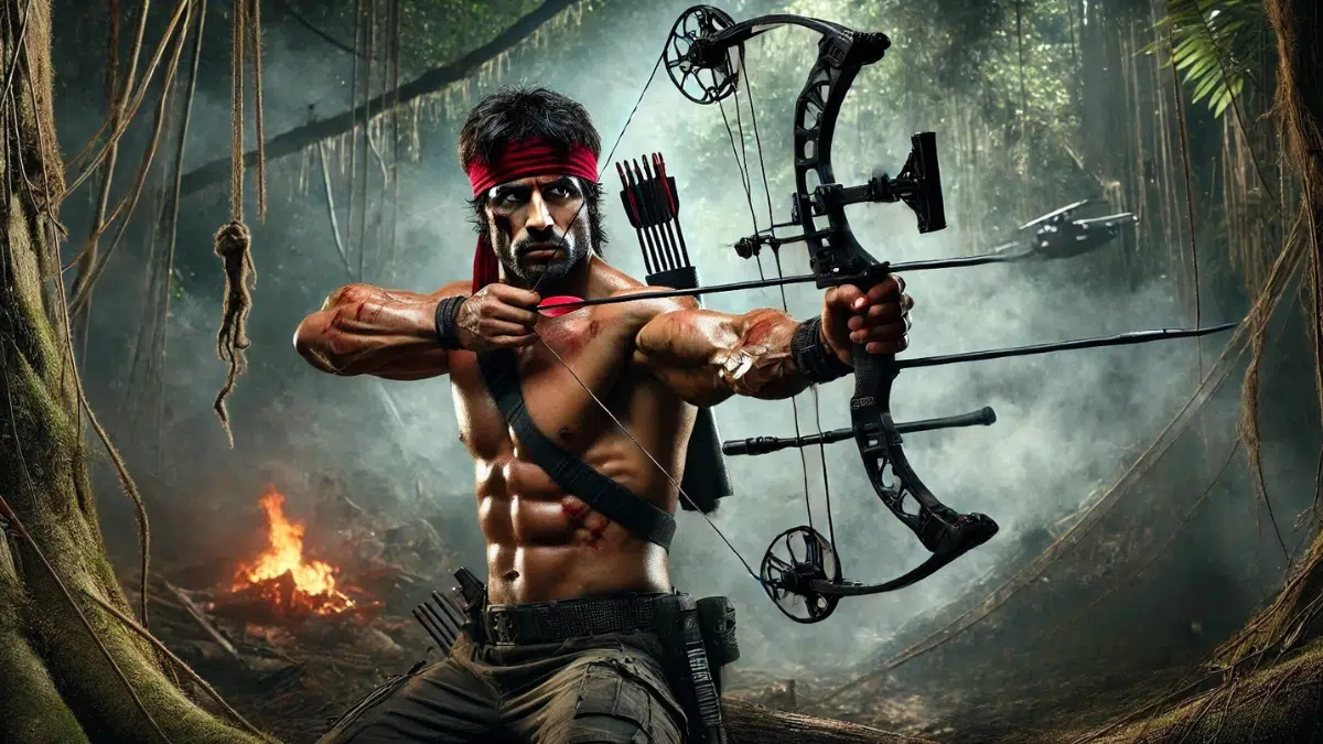 Rambo using a compound bow during intense guerrilla warfare is shirtless with his iconic red bandana, rugged combat pants, and muscular build, standing in a dense jungle setting