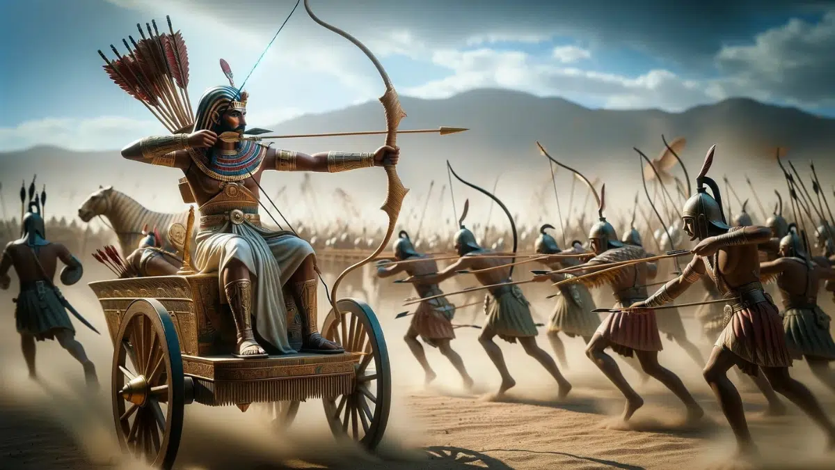 Ramses II and his armies using composite bows in battle. Ramses II is shown standing on a decorated chariot, holding a curved composite bow, with arrows ready to fire