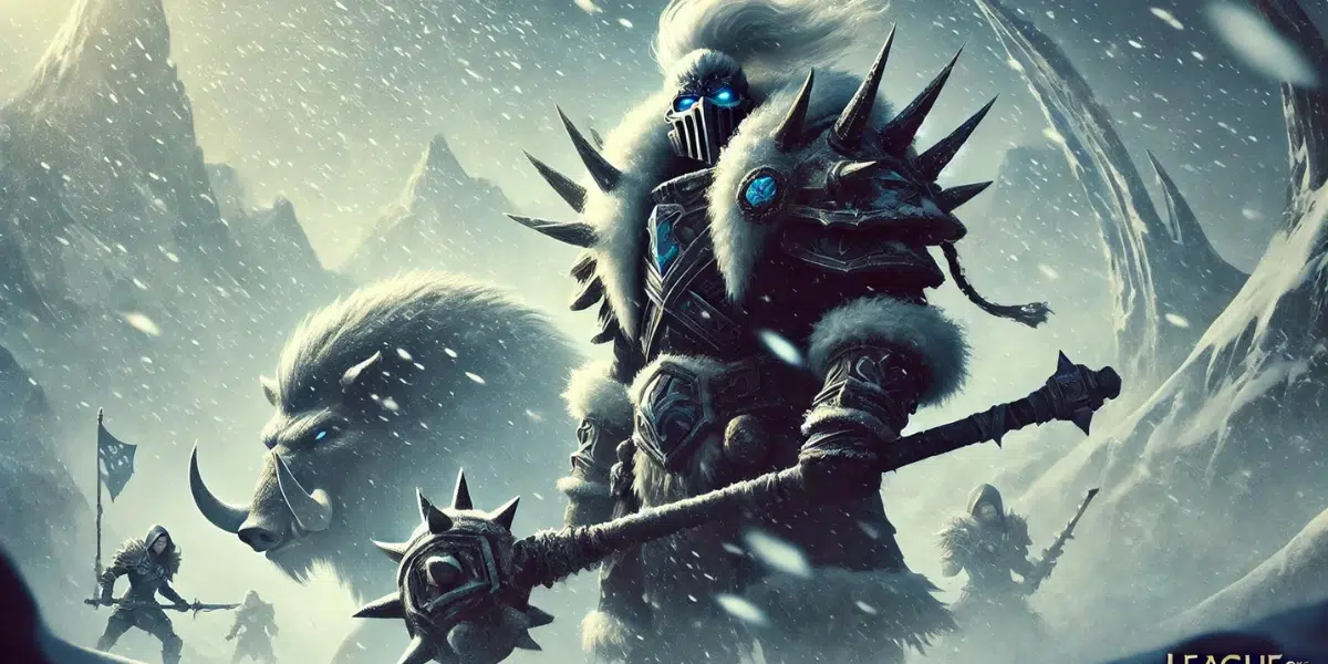 Sejuani from League of Legends, a fierce warrior and rival to Ashe. Sejuani stands in a snowy battlefield in the Freljord, clad in heavy, spiked armour and fur, wielding her massive flail
