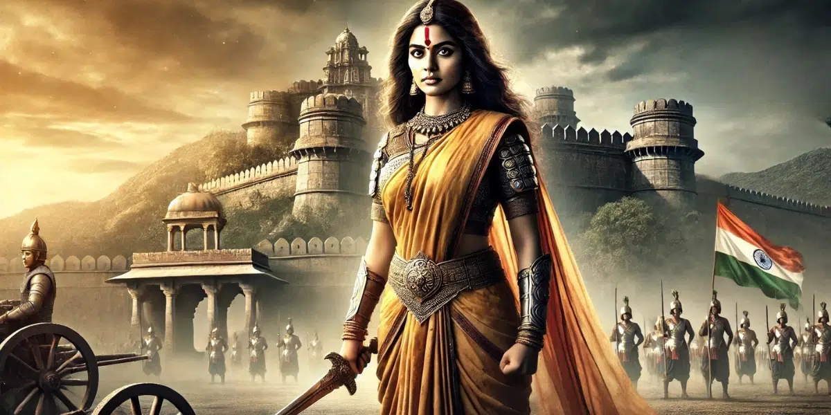 the Warrior Queen of Jhansi, standing proudly in traditional warrior attire. She holds a sword in one hand and a shield in the other, ready to defend her kingdom. The background features the fort of Jhansi, with its stone walls and a dramatic sky