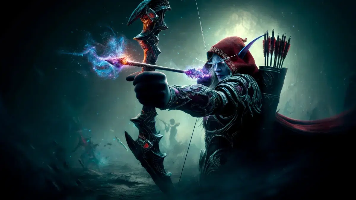 Sylvanas Windrunner from World of Warcraft, firing dark magic-infused arrows stands in a shadowy, ethereal battlefield, her bow glowing with sinister, dark energy