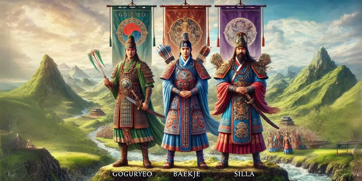 the Three Kingdoms Period of Korea (57 BCE to 668 CE). Show representatives of the three kingdoms: Goguryeo, Baekje, and Silla. Each figure is dressed in traditional armour and attire unique to their kingdom, standing in a symbolic pose