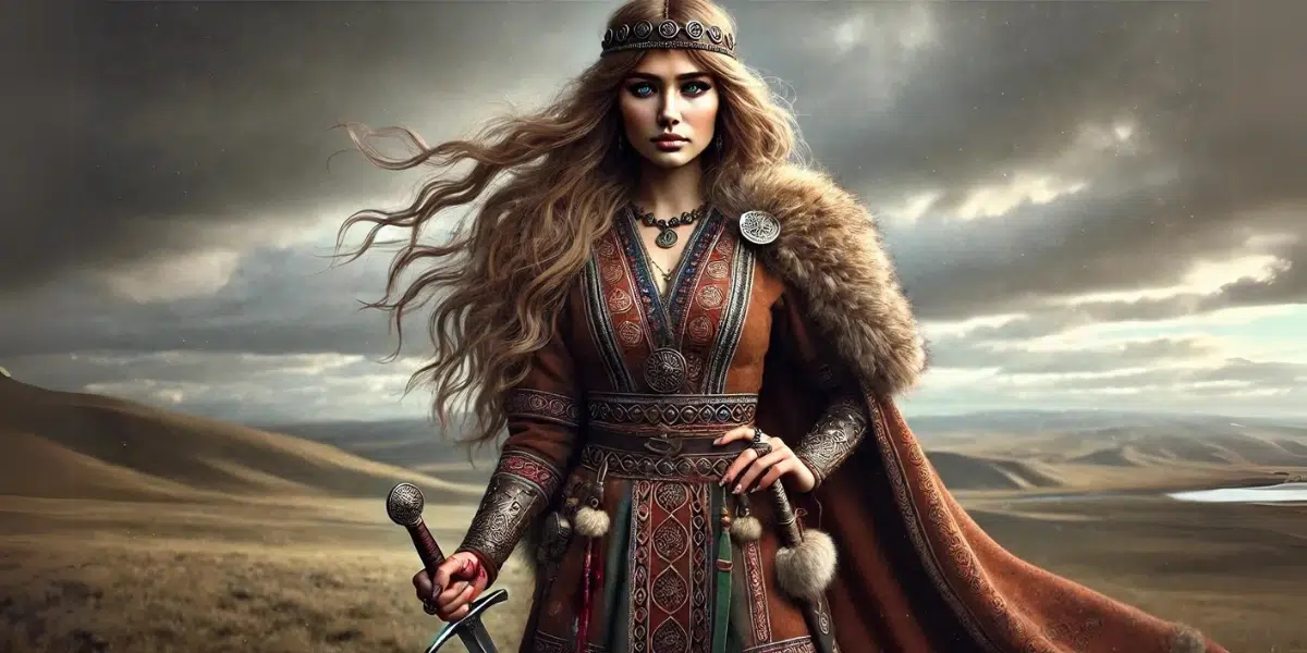 Tomyris stands tall and resolute, embodying strength and defiance. She wears traditional Scythian attire: a richly adorned tunic with intricate patterns, sturdy leather boots, and a fur-lined cloak that billows in the wind. Her long light brown hair flows freely, and in one hand, she grasps a blood-stained sword