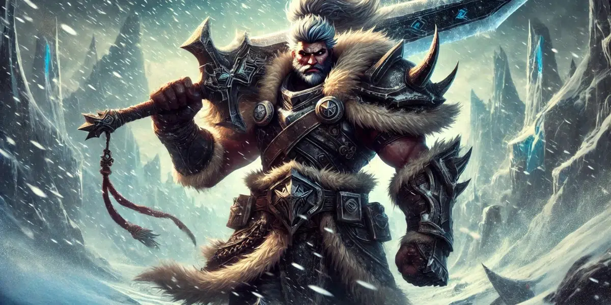 Tryndamere, a powerful champion from League of Legends, standing in a fierce battle stance. He is wearing rugged, spiked armour with fur accents, wielding his massive two-handed sword. The scene is set in the harsh, snowy tundra of the Freljord, with a stormy sky and icy cliffs in the background
