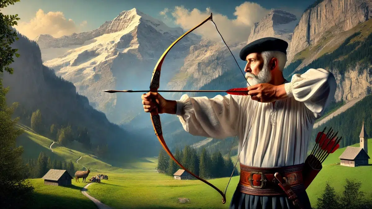 William Tell from Swiss legend, carefully aiming a crossbow wearing traditional Swiss clothing with a focused and serious expression surrounded by snow covered mountains