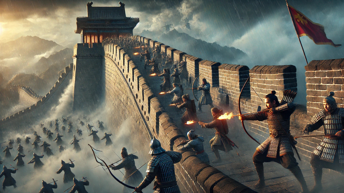 ancient China during a battle at the Great Wall. A group of mercenaries joins the Nameless Order, the Chinese army, in defending the Wall from a horde of mythical creatures called Taotie. The scene features soldiers in intricate, traditional armor using advanced tactics and specialized weapons, including archery. Archers stand on the Great Wall, firing flaming arrows at the approaching creatures, while others wield unique weapons