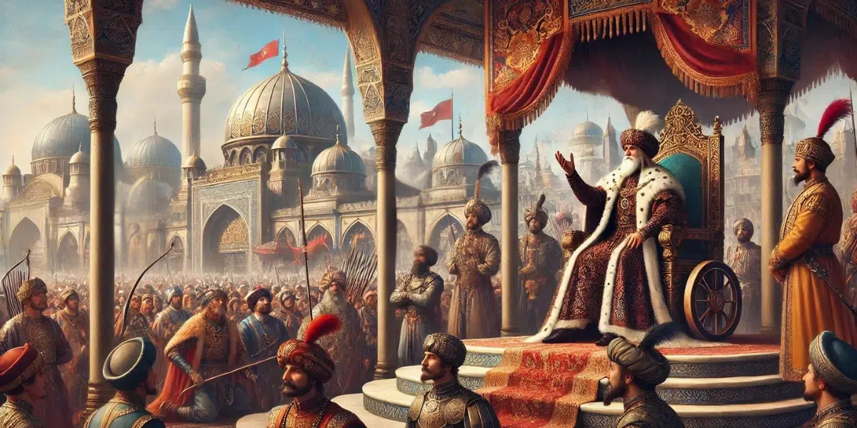 The sultan sits on an ornate throne under a lavish canopy, dressed in luxurious Ottoman robes adorned with intricate details. He raises his hand to address a crowd of skilled archers, including Tozkoparan İskender, who stands confidently among the competitors. The backdrop features domed Ottoman buildings, tall minarets, and colourful banners