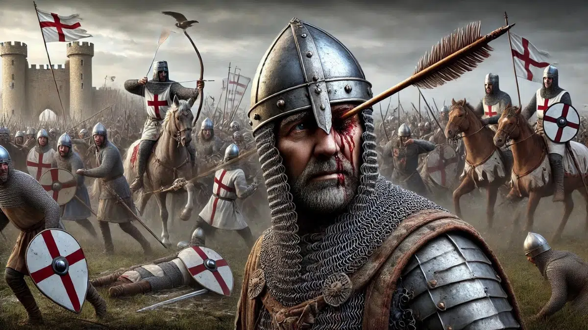 The scene shows King Harold standing amidst the chaos of battle, wearing chainmail armour and a helmet, with an arrow visibly embedded in his eye. The background features Norman knights charging on horseback and the English shield wall breaking under the assault. The sky is overcast