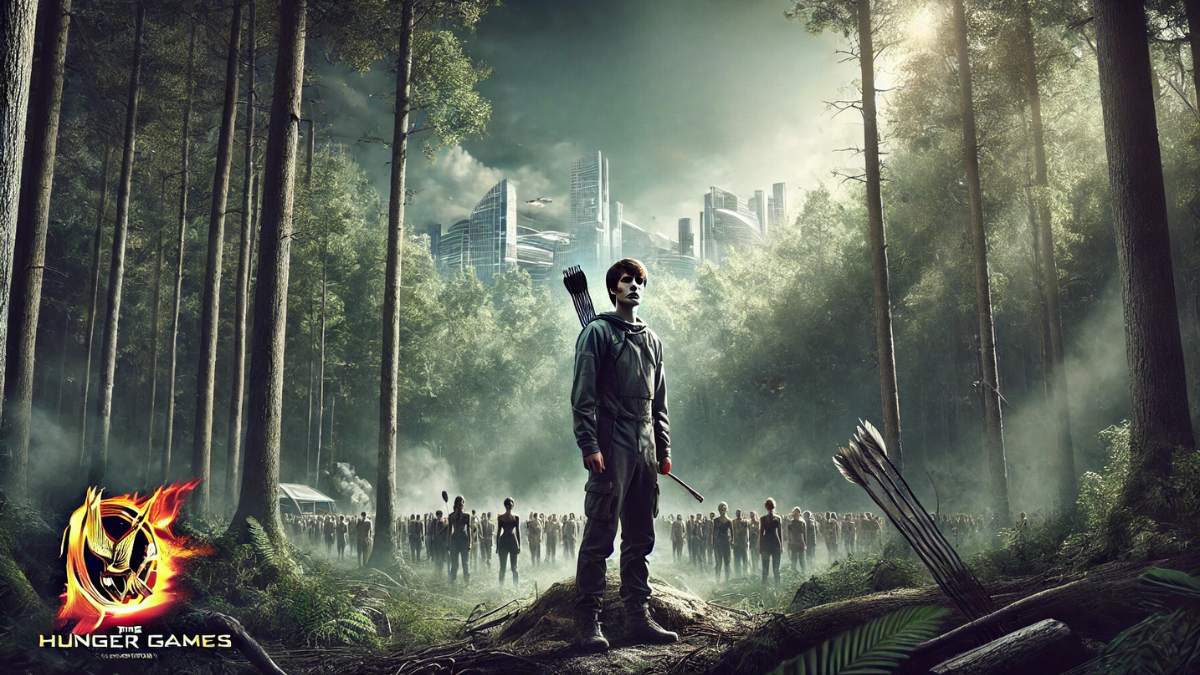 the dystopian world of Panem during the Hunger Games. The scene shows a young participant, or 'tribute,' standing in a dense forest arena, holding a makeshift weapon and looking tense. The backdrop includes high-tech surveillance drones hovering overhead and the Capitol’s futuristic city visible far in the distance. The atmosphere is ominous, with shadows of other competitors in the background