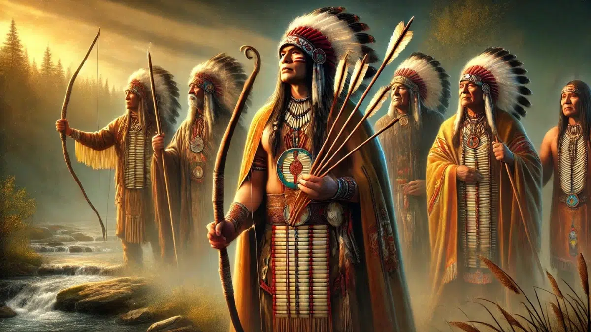 Hiawatha, a Native American leader, holding five arrows tied together, symbolizing strength and unity. He stands confidently, surrounded by five chiefs representing the Five Nations