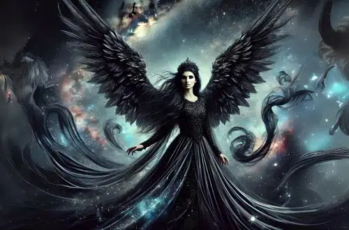 Nyx, the Greek goddess of the night, in mythology. She stands in a cosmic sky filled with swirling stars and deep purples, blues, and blacks. She has flowing black hair that blends into the night sky, and her gown sparkles like the stars. Large black wings spread behind her, casting shadows over the land below