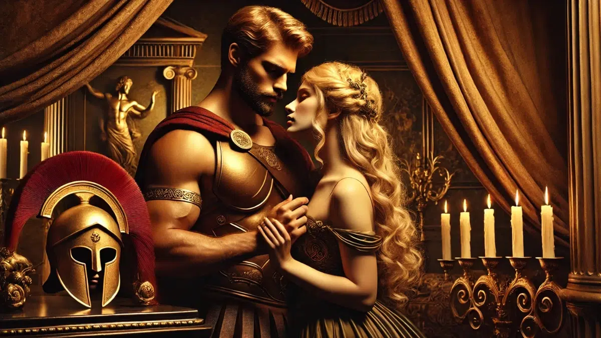 Ares and Aphrodite embrace and are about to to kiss