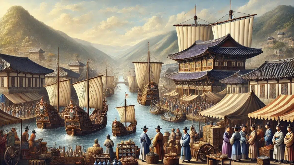 Baekje, one of the Three Kingdoms of Korea, as a major maritime power. The image features a bustling port with large wooden ships, decorated with Baekje banners, docked along the shore. Traders and diplomats engage in exchanges of silk, pottery, and rare goods
