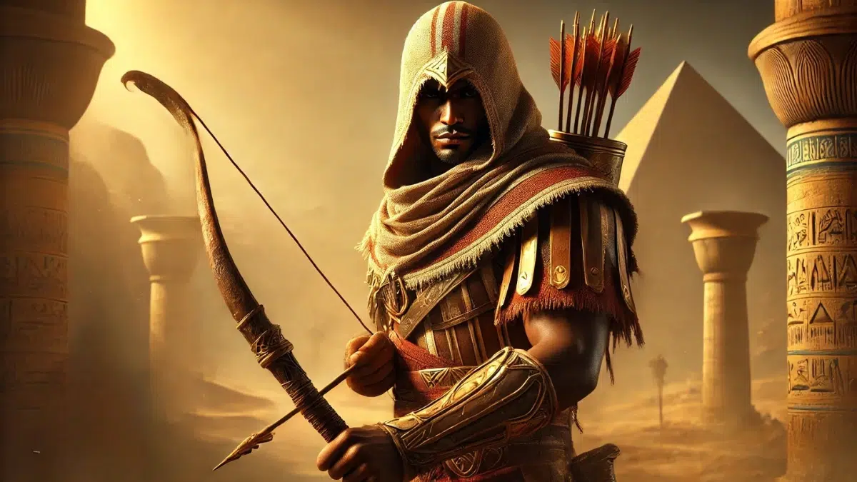 Bayek from Assassin’s Creed Origins. He is depicted as a strong Medjay warrior from Ancient Egypt, wearing traditional Egyptian armour with a hooded cloak. He holds a bow in one hand, ready for battle, with a quiver of arrows on his back. His expression is determined, and he stands in a desert landscape with pyramids and palm trees in the background