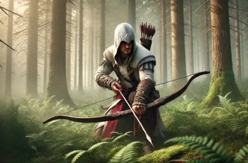 Connor Kenway from Assassin’s Creed III holding a flatbow in a dense forest. He is dressed in his Assassin robes with Mohawk influences, blending into his surroundings like a true hunter. The forest is misty, with tall trees and soft sunlight filtering through the leaves