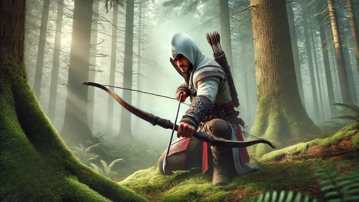 Connor Kenway from Assassin’s Creed III holding a flatbow in a dense forest. He is dressed in his Assassin robes with Mohawk influences, blending into his surroundings like a true hunter. The forest is misty, with tall trees and soft sunlight filtering through the leaves
