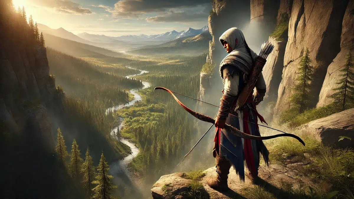 a man standing on a cliffside, holding his flatbow while overlooking the vast Frontier. He is dressed in his Assassin robes with Mohawk influences, his hood partially covering his face as he surveys the wilderness. The landscape below consists of dense forests, rivers, and distant mountains, reflecting the untamed beauty of 18th-century America