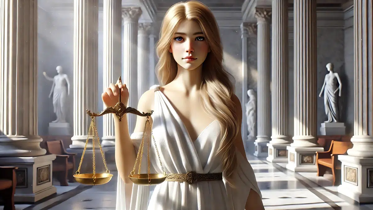 Dike, the Greek goddess of justice. She is a youthful woman with long light hair, wearing a flowing white Greek robe. She holds a set of golden scales in one hand and a long staff in the other. Her eyes are calm but watchful. The background shows a marble courtroom or temple