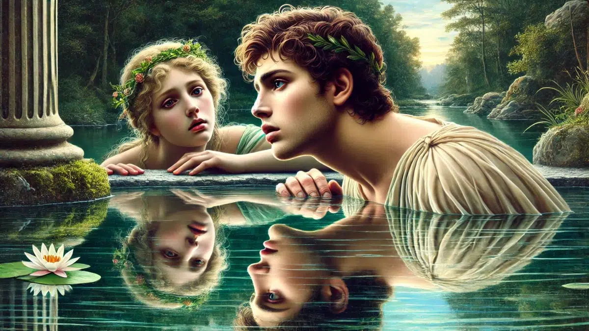 Narcissus, a beautiful youth, falling in love with his own reflection in a pool of water, leading to his demise. Show Narcissus gazing intently at his reflection with a look of longing and obsession. Nearby, Echo, a nymph who loved him, is depicted with a sorrowful expression, fading away until only her voice remains. The background should feature a serene, natural setting with lush greenery and a tranquil pool. The atmosphere should convey a sense of tragic beauty and unrequited love